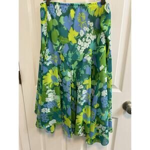 Bob Mackie XL Skirt Green Blue Elastic Waist Flared Mid Length Lined Preowned